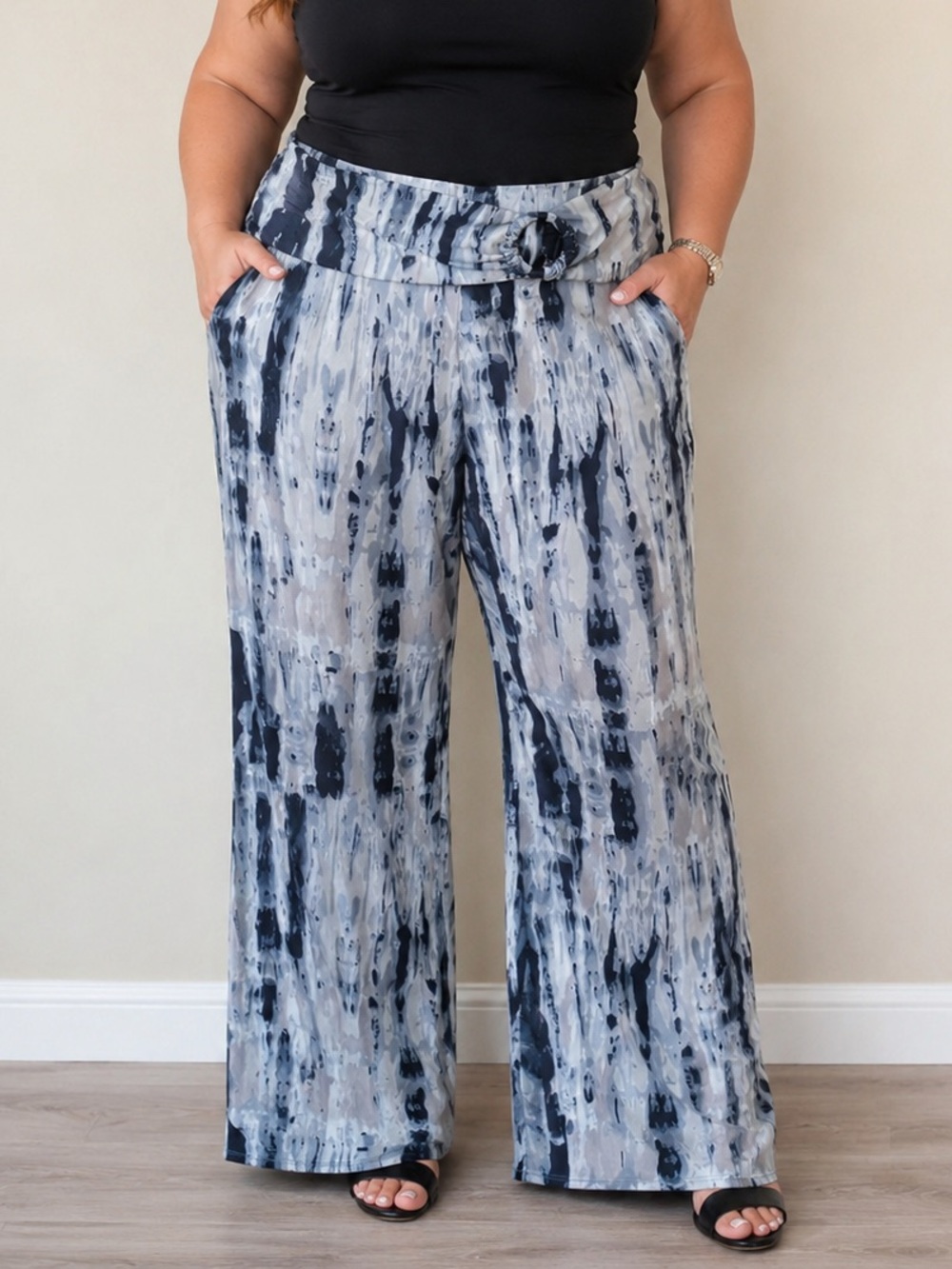 Robert Louis Vintage Tie Dye Wide Leg Pants 3X Boho Retro Stretchy Belted Grey